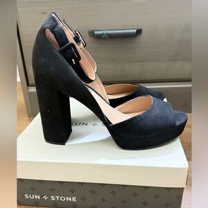 SUN+STONE Women's Black Micro Reeta Block-Heel Ankle Strap Platform Size 10.5
